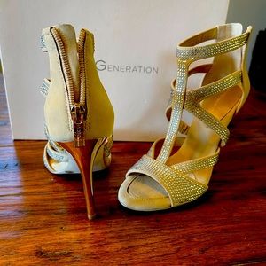 Gorgeous BCBG size 7 1/2 need T-back heels with rhinestones and gold accents.